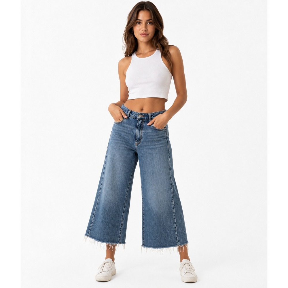 Pilcro Anthropologie Wide Leg Crop Jeans L Blue Medium Wash Raw‎ Hem 100% Cotton